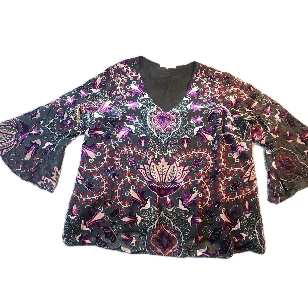 Velvet Burnout 2X Blouse Top Sheer Goth Witchy Black Plus Sz Flowy Flare Sleeves